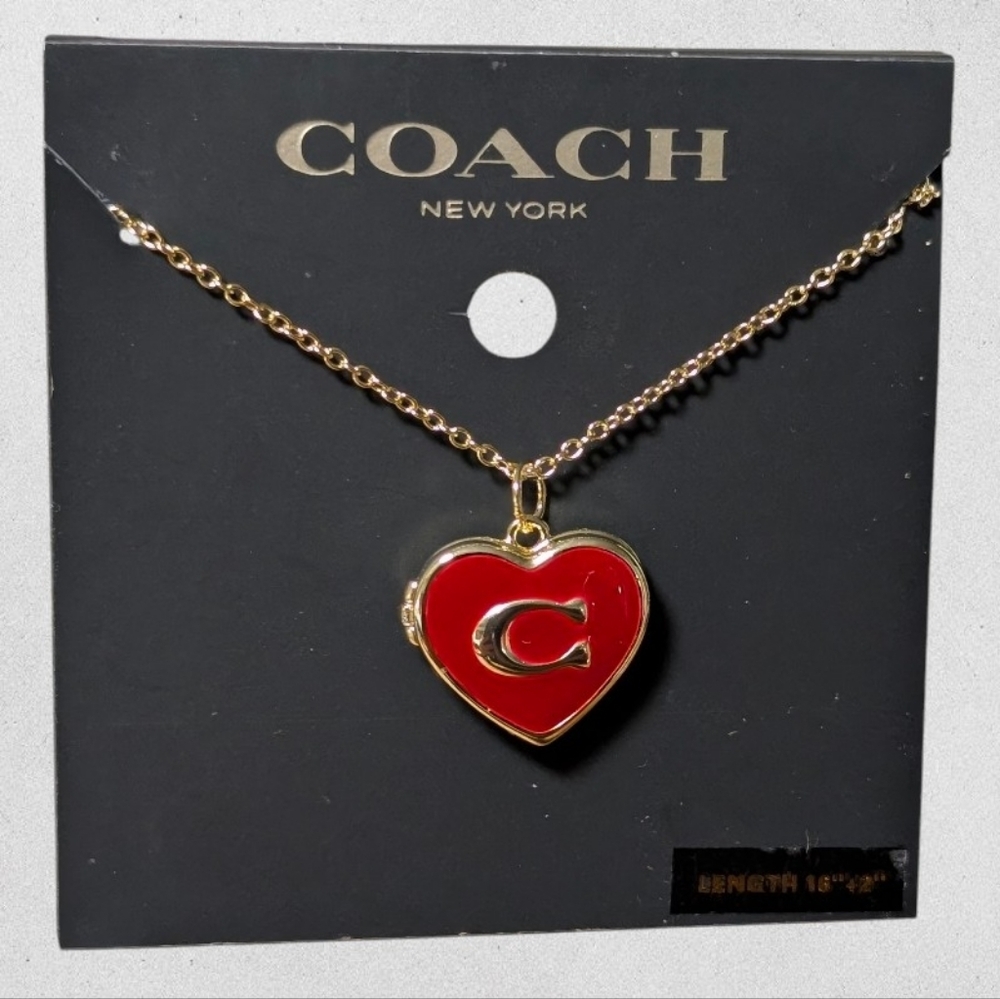 NEW NWT COACH red heart enamel Signature C locket pendant necklace